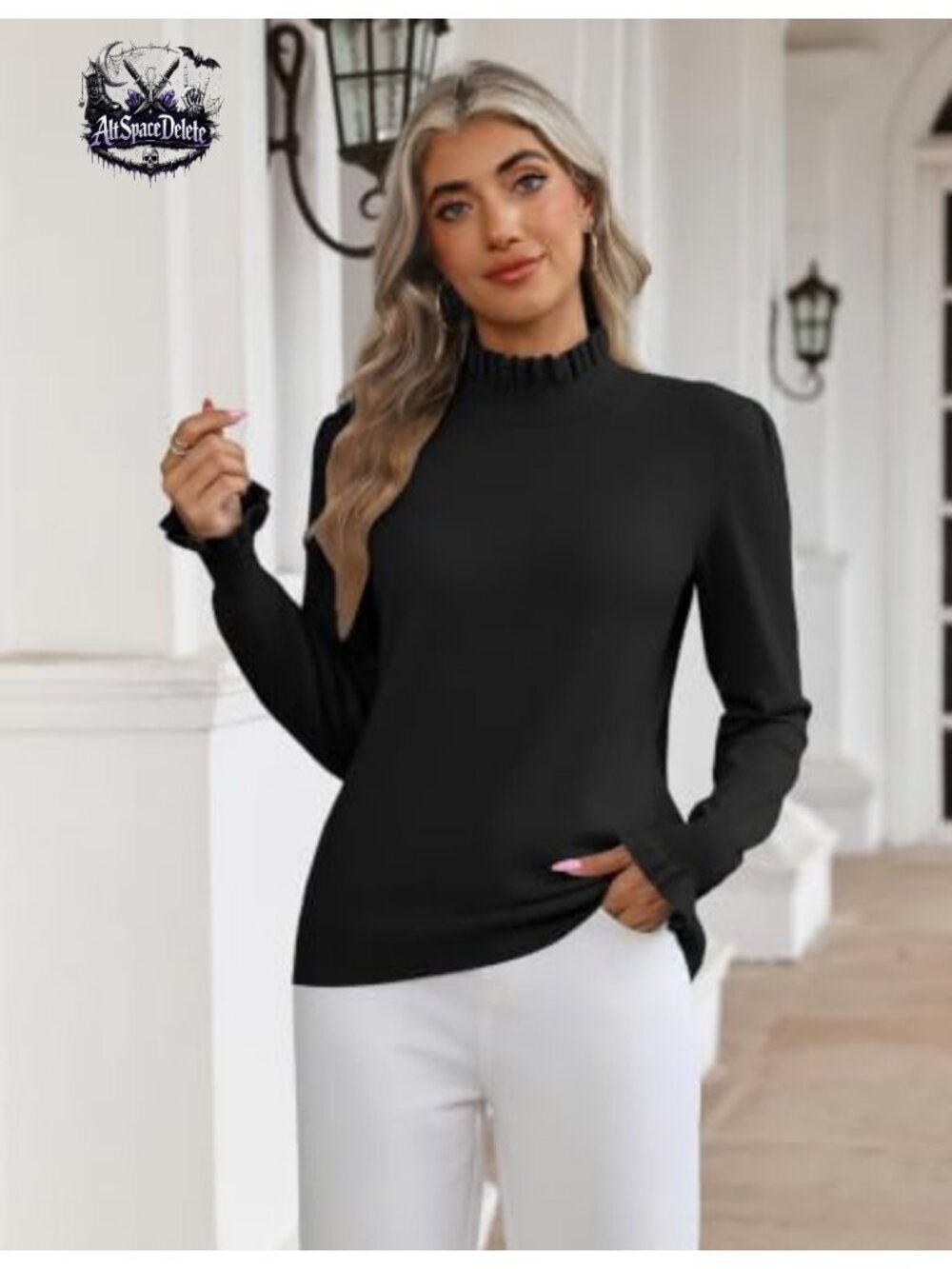 Womens Ruffled Mock Neck Turtleneck Sweater Flared Cuffs Long Sleeve Knit Top - Picture 2 of 3